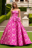 Strapless A-Line Fuchsia Floral Prom Dress With Bow