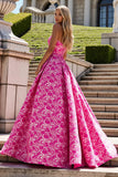 Strapless A-Line Fuchsia Floral Prom Dress With Bow