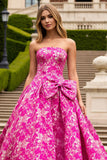 Strapless A-Line Fuchsia Floral Prom Dress With Bow