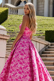 Strapless A-Line Fuchsia Floral Prom Dress With Bow