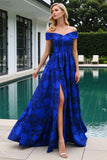Royal Blue Floral Jacquard Off The Shoulder Prom Dress With Slit