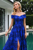 Royal Blue Floral Jacquard Off The Shoulder Prom Dress With Slit