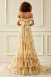 Yellow Flower A-Line Off The Shoulder Ruffled Prom Dress