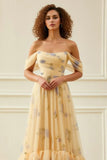 Yellow Flower A-Line Off The Shoulder Ruffled Prom Dress