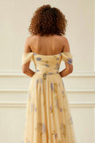 Yellow Flower A-Line Off The Shoulder Ruffled Prom Dress