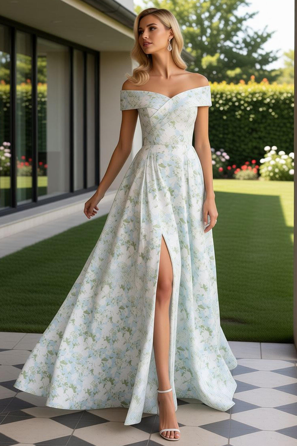 Berylove Women Blue White Flower Prom Dress A-Line Off The Shoulder Maxi Party Dress With Slit Berylove Women Blue White Flower Prom Dress A-Line Off The Shoulder Maxi Party Dress With Slit