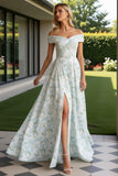 Off The Shoulder Blue White Flower A-Line Prom Dress With Slit