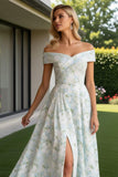 Off The Shoulder Blue White Flower A-Line Prom Dress With Slit