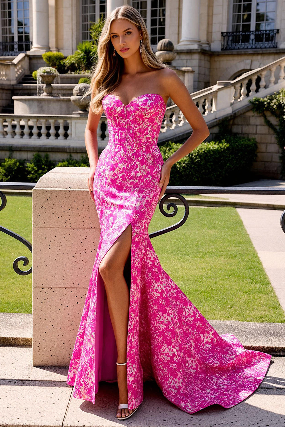 Berylove Women Floral Fuchsia Prom Dress Mermaid Sweetheart Maxi Party Dress With Slit Berylove Women Floral Fuchsia Prom Dress Mermaid Sweetheart Maxi Party Dress With Slit