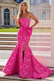 Strapless Fuchsia Flower Bowed Mermaid Prom Dress With Slit