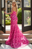 Strapless Fuchsia Flower Bowed Mermaid Prom Dress With Slit