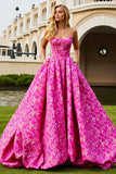 Fuchsia Flower A-Line Maxi Strapless Prom Dress With Pockets