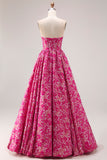 Fuchsia Floral Strapless A Line Corset Prom Dress With Pockets