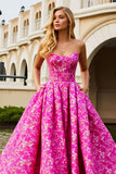 Fuchsia Flower A-Line Maxi Strapless Prom Dress With Pockets