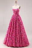 Fuchsia Floral Strapless A Line Corset Prom Dress With Pockets