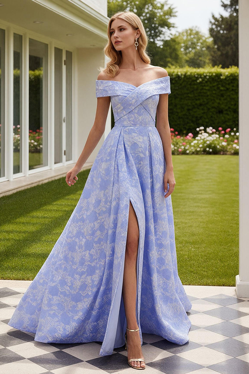 Berylove Women Off The Shoulder Prom Dress Jacquard Light Blue A-Line Floral Maxi Dress With Slit, Light Blue / US4 Berylove Women Off The Shoulder Prom Dress Jacquard Light Blue A-Line Floral Maxi Dress With Slit, Light Blue / US4