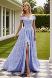 Off The Shoulder Light Blue Jacquard A-Line Prom Dress With Slit