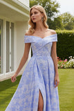 Off The Shoulder Light Blue Jacquard A-Line Prom Dress With Slit