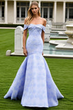 Light Blue Off The Shoulder Jacquard Mermaid Prom Dress