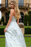 Strapless Blue White Flower A-Line Prom Dress With Pockets