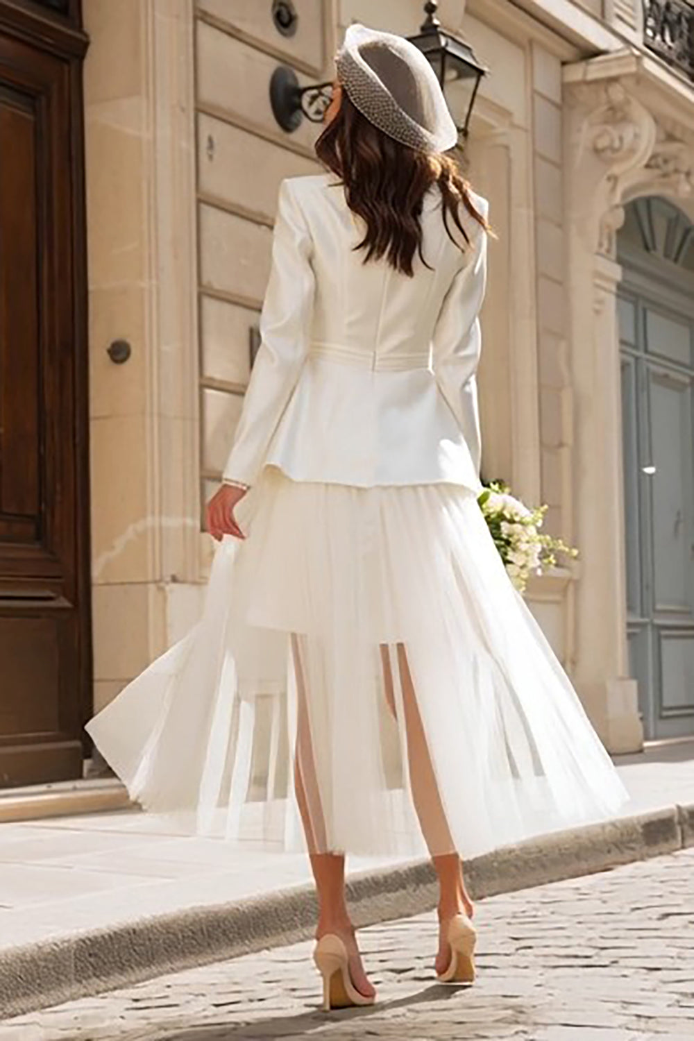 long sleeve courthouse wedding dress Berylove Women Ivory Courthouse Wedding Dress Peak Lapel 2 Piece Rehearsal Dinner Dress With Long Sleeves, Ivory / 3XL