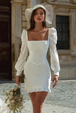 Ivory Bodycon Square Neck Mini Bridal Shower Dress With Long Sleeves