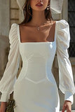 Ivory Bodycon Square Neck Mini Bridal Shower Dress With Long Sleeves