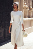 Ivory Satin A-Line Bateau Neck Midi Wedding Dress