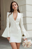 Bodycon Ivory Peak Lapel Mini Bridal Shower Dress with Flare Sleeves