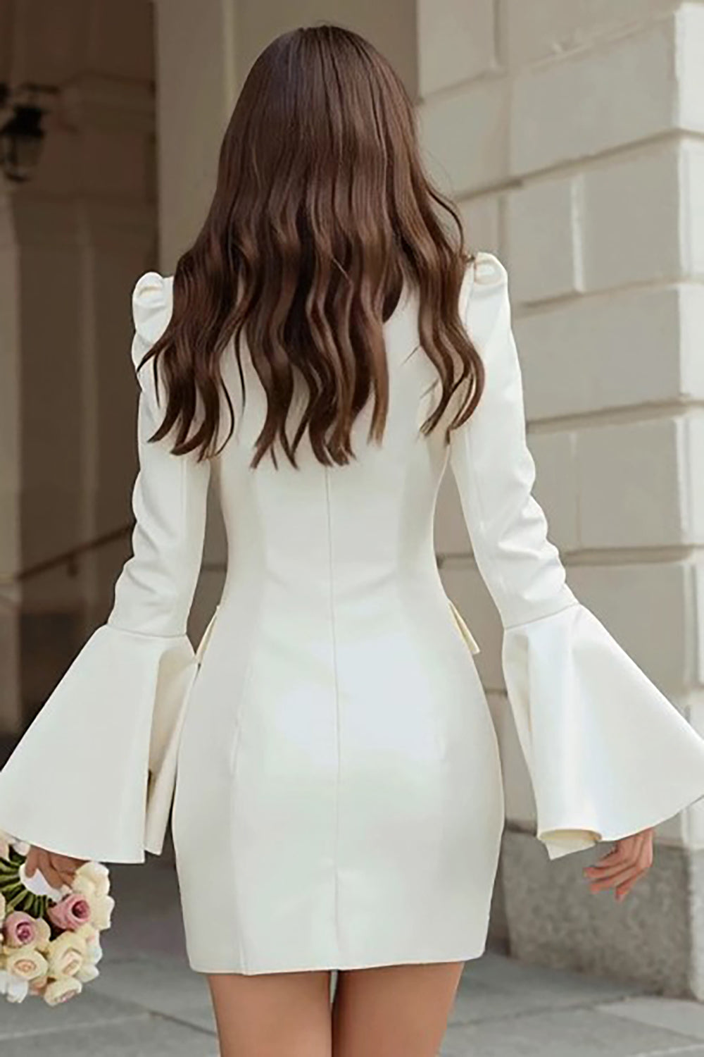 Berylove Women Ivory Bridal Shower Dress Bodycon Peak Lapel Single Breasted Mini Rehearsal Dinner Dress With Flare Sleeves, Ivory / 2XL Berylove Women Ivory Bridal Shower Dress Bodycon Peak Lapel Single Breasted Mini Rehearsal Dinner Dress With Flare Sleeves, Ivory / 2XL