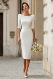 Ivory Satin Sheath Bateau Neck Midi Engagement Dress
