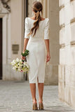 Ivory Satin Sheath Bateau Neck Midi Engagement Dress