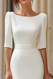 Ivory Satin Sheath Bateau Neck Midi Engagement Dress