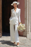 Ivory 2 Piece Peak Lapel Wedding Pant Suits With Belt
