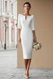 Sheath Ivory Bateau Neck Midi Engagement Dress With Half Sleeves