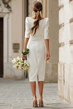 Sheath Ivory Bateau Neck Midi Engagement Dress With Half Sleeves