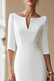 Sheath Ivory Bateau Neck Midi Engagement Dress With Half Sleeves