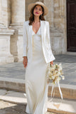 Simple Ivory Satin 2 Piece Sheath Rehearsal Dinner Dress With Jacket