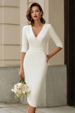 Ivory Pencil V-Neck Midi Rehearsal Dinner Dress