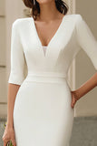 Ivory Pencil V-Neck Midi Rehearsal Dinner Dress