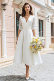 Ivory A-Line V-Neck Midi Wedding Dress With Lace Half Sleeves