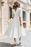 Ivory A-Line V-Neck Midi Wedding Dress With Lace Half Sleeves