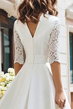 Ivory A-Line V-Neck Midi Wedding Dress With Lace Half Sleeves