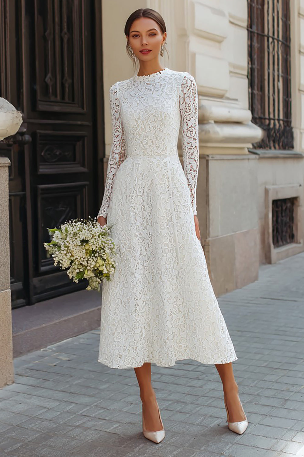 Berylove Women Lace Long Sleeve Wedding Dress A-Line Ivory Midi Rehearsal Dinner Dress, Ivory / US22W Berylove Women Lace Long Sleeve Wedding Dress A-Line Ivory Midi Rehearsal Dinner Dress, Ivory / US22W