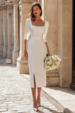 Sheath Ivory Square Neck Midi Engagement Dress with Slit