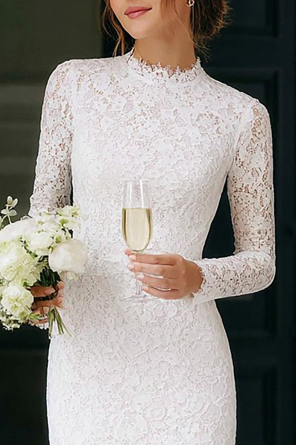 long sleeve bridal shower dress Leely Women Ivory Bodycon Short Wedding with Lace V-Neck Sleeves Dress with Side Cape or formal gatherings. white bridal shower dress long