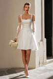 Ivory Satin A-Line Square Neck Courthouse Wedding Dress