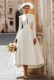 Satin A-Line Ivory Cut Out Midi Wedding Dress