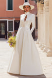 Ivory Satin A-Line Cut Out High Neck Wedding Dress With Long Sleeves