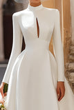 Ivory Satin A-Line Cut Out High Neck Wedding Dress With Long Sleeves
